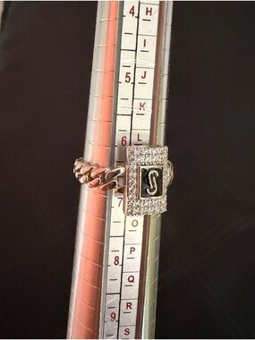 monaco Silver-Tone Chain Ring with Black Initial 'S' and Crystal Pavé
